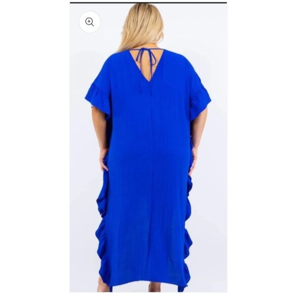 Boutique Flowing Blue Ruffled Kaftan Dress With V-Neck & Tie Back High Low - Picture 11 of 11